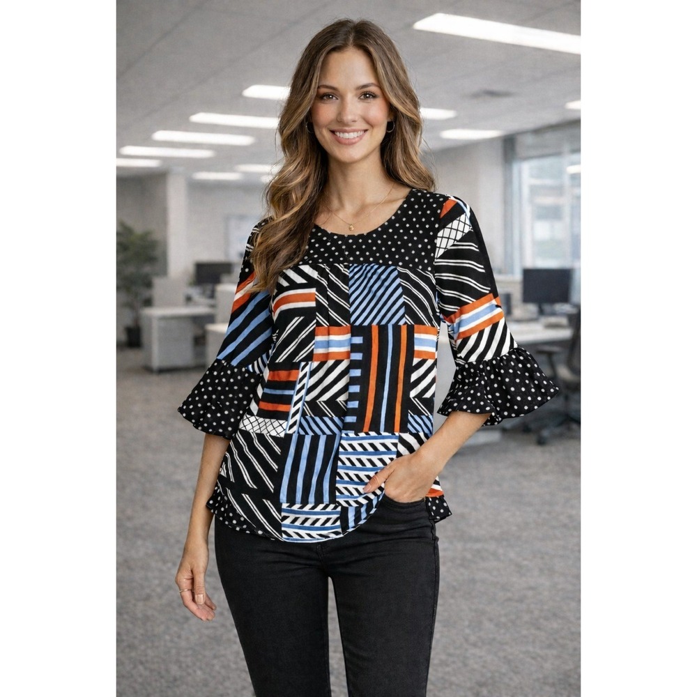 Spense Women's Small Geometric Patchwork Top Office Retro Career Chic Artsy Bold